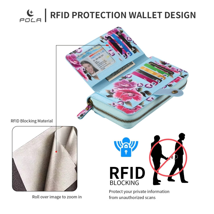 For iPhone 13 Pro POLA MagSafe Flower Multi-functional Zipper Wallet Leather Phone Case(Sky Blue) by bashfashion