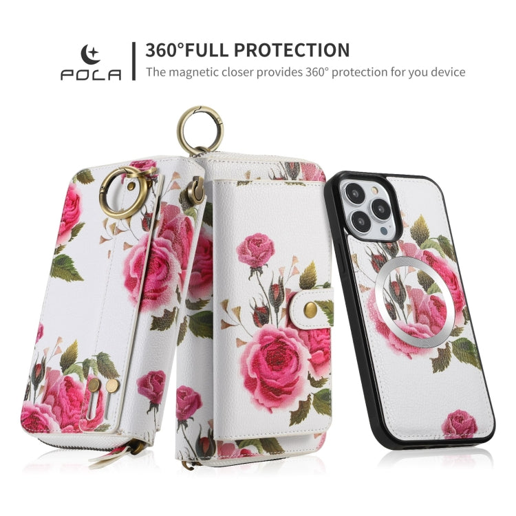 For iPhone 13 Pro POLA MagSafe Flower Multi-functional Zipper Wallet Leather Phone Case(Beige) by bashfashion