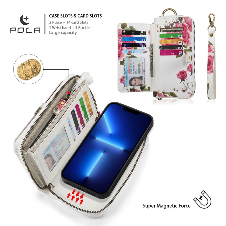 For iPhone 13 Pro POLA MagSafe Flower Multi-functional Zipper Wallet Leather Phone Case(Beige) by bashfashion