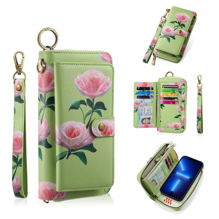 For iPhone 13 POLA MagSafe Flower Multi-functional Zipper Wallet Leather Phone Case(Green) by bashfashion