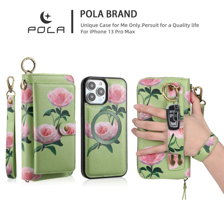 For iPhone 13 POLA MagSafe Flower Multi-functional Zipper Wallet Leather Phone Case(Green) by bashfashion
