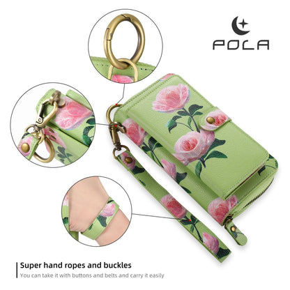 For iPhone 13 POLA MagSafe Flower Multi-functional Zipper Wallet Leather Phone Case(Green) by bashfashion