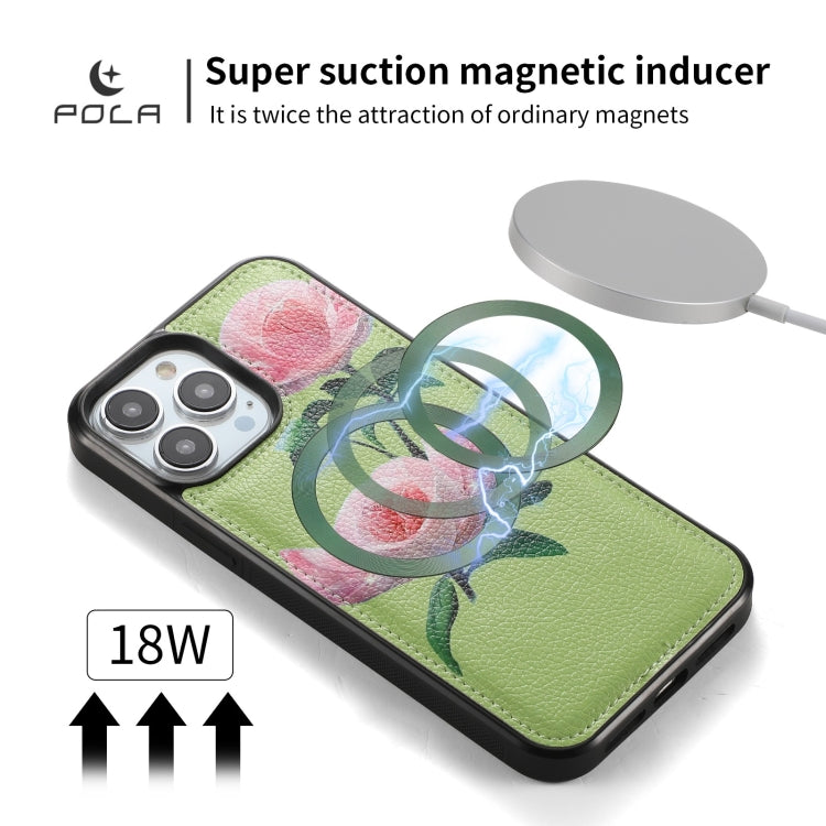 For iPhone 13 POLA MagSafe Flower Multi-functional Zipper Wallet Leather Phone Case(Green) by bashfashion