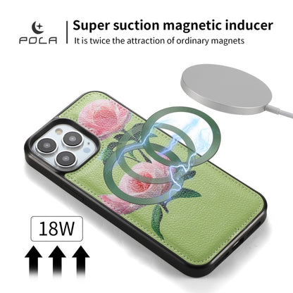 For iPhone 13 POLA MagSafe Flower Multi-functional Zipper Wallet Leather Phone Case(Green) by bashfashion