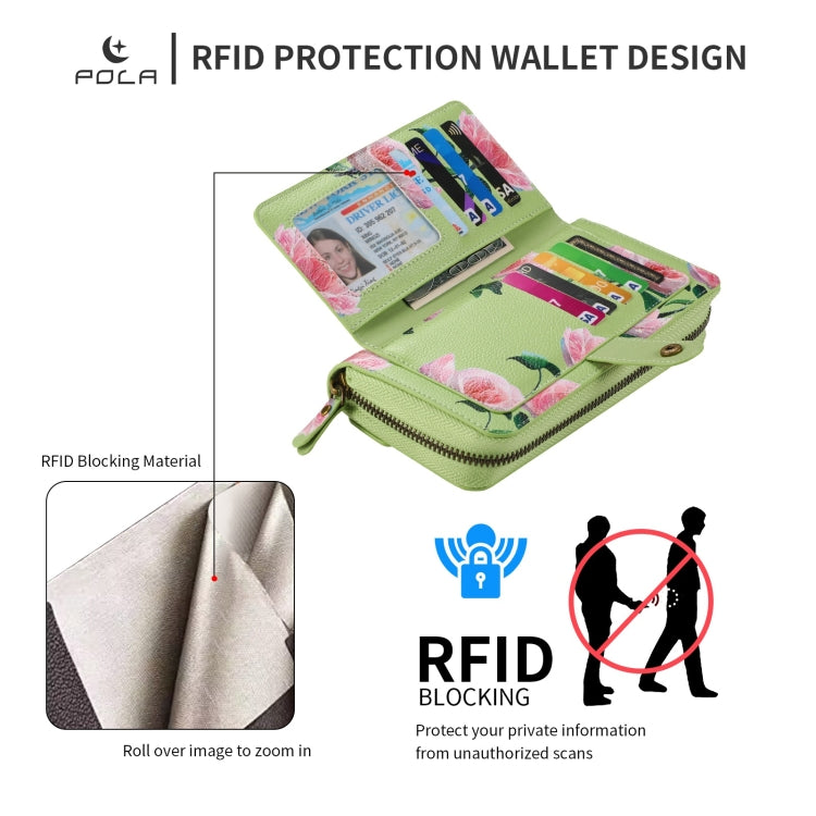 For iPhone 13 POLA MagSafe Flower Multi-functional Zipper Wallet Leather Phone Case(Green) by bashfashion