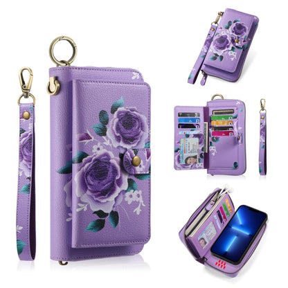 For iPhone 13 POLA MagSafe Flower Multi-functional Zipper Wallet Leather Phone Case(Purple) by bashfashion