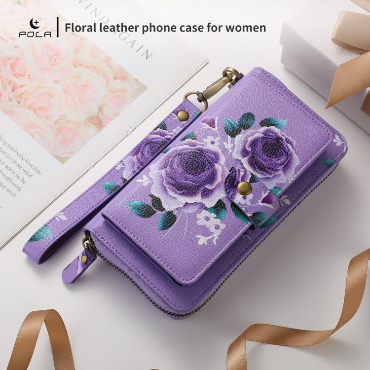 For iPhone 13 POLA MagSafe Flower Multi-functional Zipper Wallet Leather Phone Case(Purple) by bashfashion