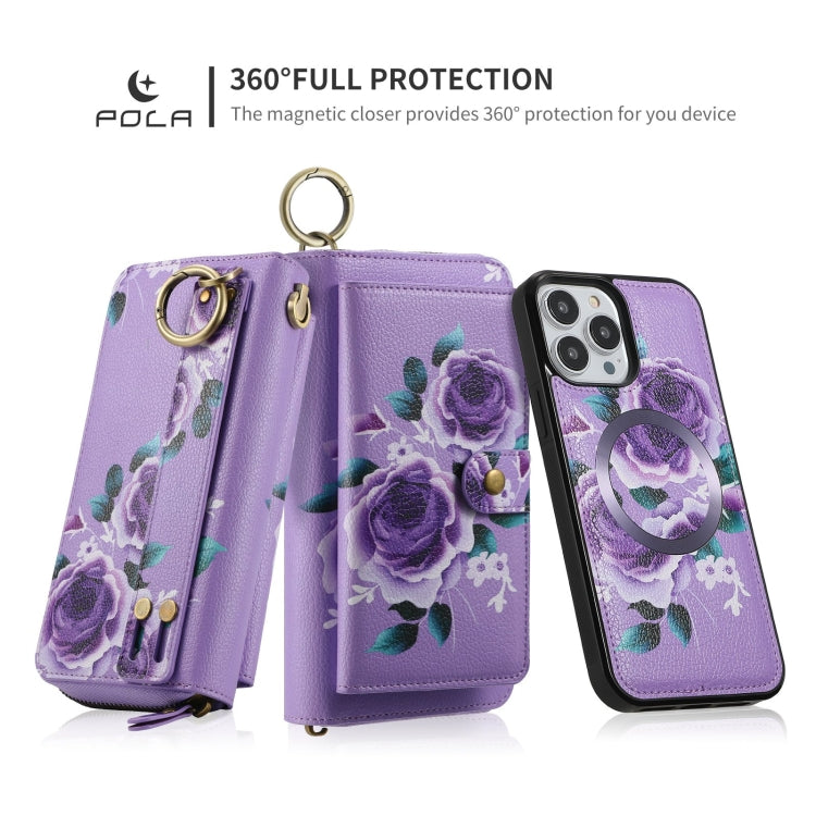 For iPhone 13 POLA MagSafe Flower Multi-functional Zipper Wallet Leather Phone Case(Purple) by bashfashion
