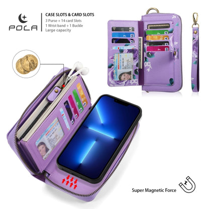 For iPhone 13 POLA MagSafe Flower Multi-functional Zipper Wallet Leather Phone Case(Purple) by bashfashion