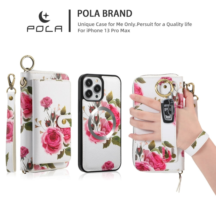 For iPhone 13 POLA MagSafe Flower Multi-functional Zipper Wallet Leather Phone Case(Beige) by bashfashion