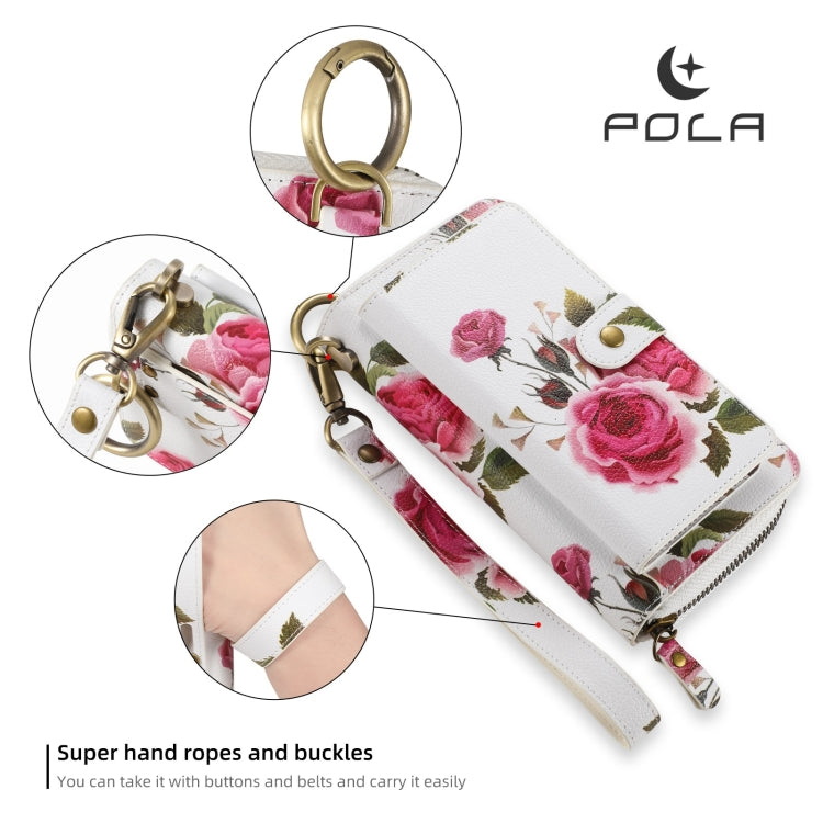 For iPhone 13 POLA MagSafe Flower Multi-functional Zipper Wallet Leather Phone Case(Beige) by bashfashion
