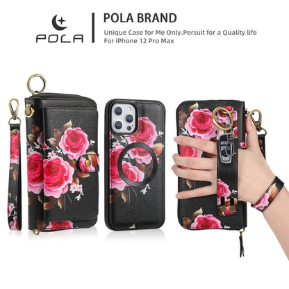 For iPhone 12 Pro Max POLA MagSafe Flower Multi-functional Zipper Wallet Leather Phone Case(Black) by bashfashion