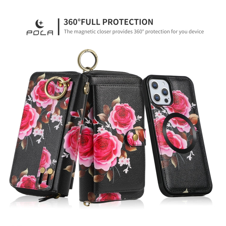 For iPhone 12 Pro Max POLA MagSafe Flower Multi-functional Zipper Wallet Leather Phone Case(Black) by bashfashion