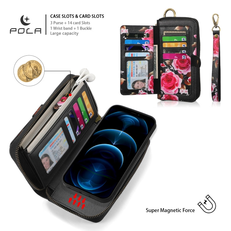 For iPhone 12 Pro Max POLA MagSafe Flower Multi-functional Zipper Wallet Leather Phone Case(Black) by bashfashion