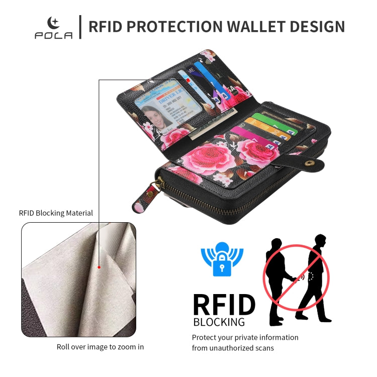 For iPhone 12 Pro Max POLA MagSafe Flower Multi-functional Zipper Wallet Leather Phone Case(Black) by bashfashion
