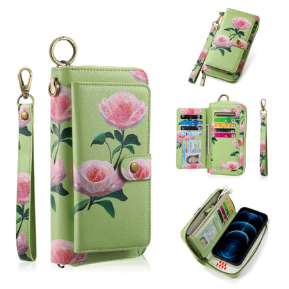 For iPhone 12 Pro Max POLA MagSafe Flower Multi-functional Zipper Wallet Leather Phone Case(Green) by bashfashion