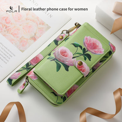 For iPhone 12 Pro Max POLA MagSafe Flower Multi-functional Zipper Wallet Leather Phone Case(Green) by bashfashion