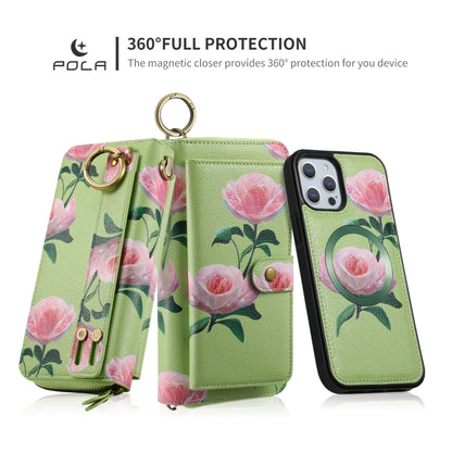 For iPhone 12 Pro Max POLA MagSafe Flower Multi-functional Zipper Wallet Leather Phone Case(Green) by bashfashion
