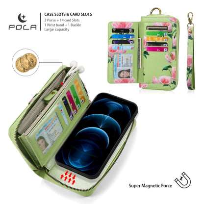 For iPhone 12 Pro Max POLA MagSafe Flower Multi-functional Zipper Wallet Leather Phone Case(Green) by bashfashion