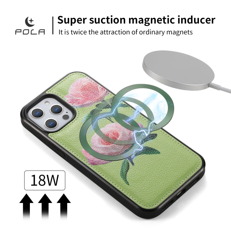 For iPhone 12 Pro Max POLA MagSafe Flower Multi-functional Zipper Wallet Leather Phone Case(Green) by bashfashion