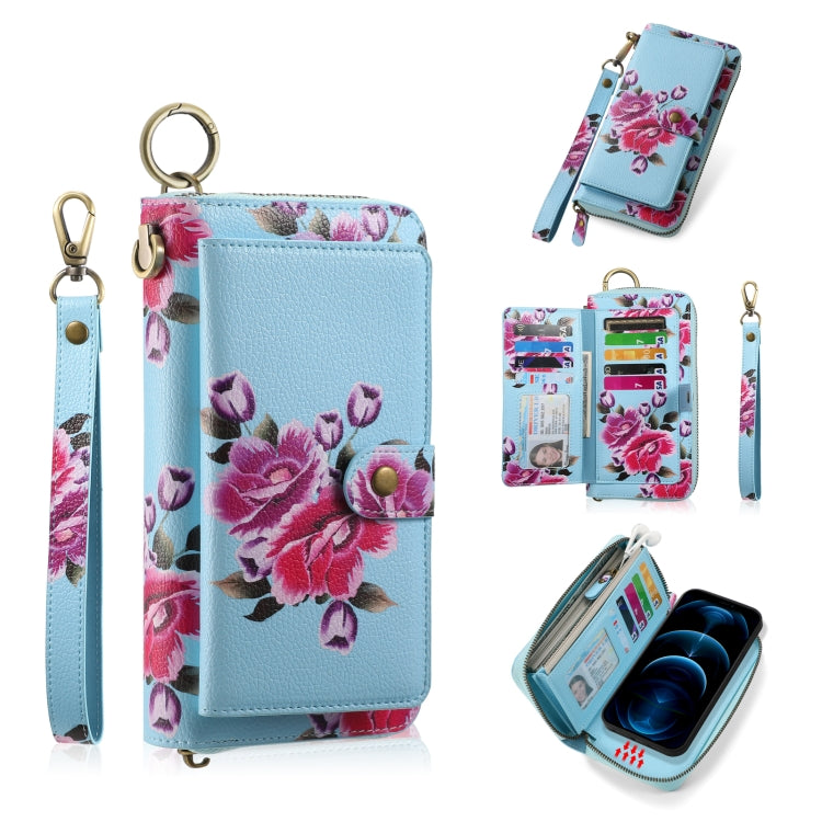 For iPhone 12 Pro Max POLA MagSafe Flower Multi-functional Zipper Wallet Leather Phone Case(Sky Blue) by bashfashion