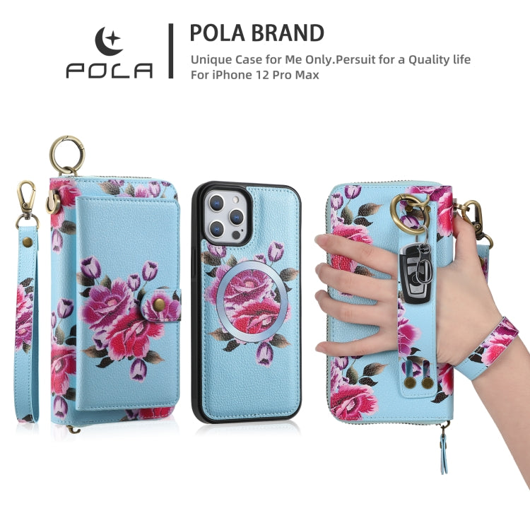 For iPhone 12 Pro Max POLA MagSafe Flower Multi-functional Zipper Wallet Leather Phone Case(Sky Blue) by bashfashion
