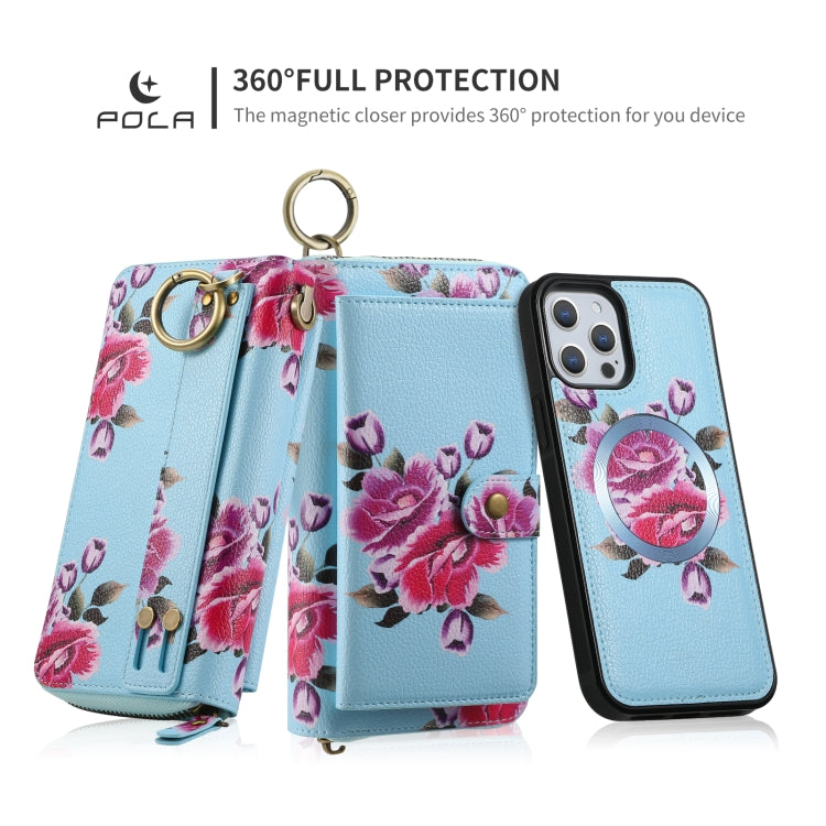 For iPhone 12 Pro Max POLA MagSafe Flower Multi-functional Zipper Wallet Leather Phone Case(Sky Blue) by bashfashion