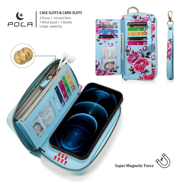 For iPhone 12 Pro Max POLA MagSafe Flower Multi-functional Zipper Wallet Leather Phone Case(Sky Blue) by bashfashion