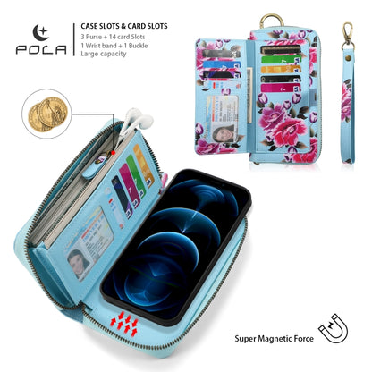 For iPhone 12 Pro Max POLA MagSafe Flower Multi-functional Zipper Wallet Leather Phone Case(Sky Blue) by bashfashion