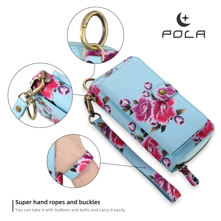 For iPhone 12 Pro Max POLA MagSafe Flower Multi-functional Zipper Wallet Leather Phone Case(Sky Blue) by bashfashion