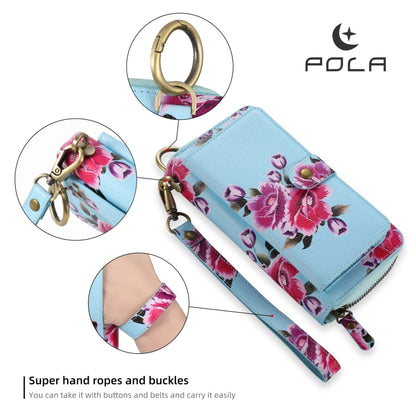 For iPhone 12 Pro Max POLA MagSafe Flower Multi-functional Zipper Wallet Leather Phone Case(Sky Blue) by bashfashion