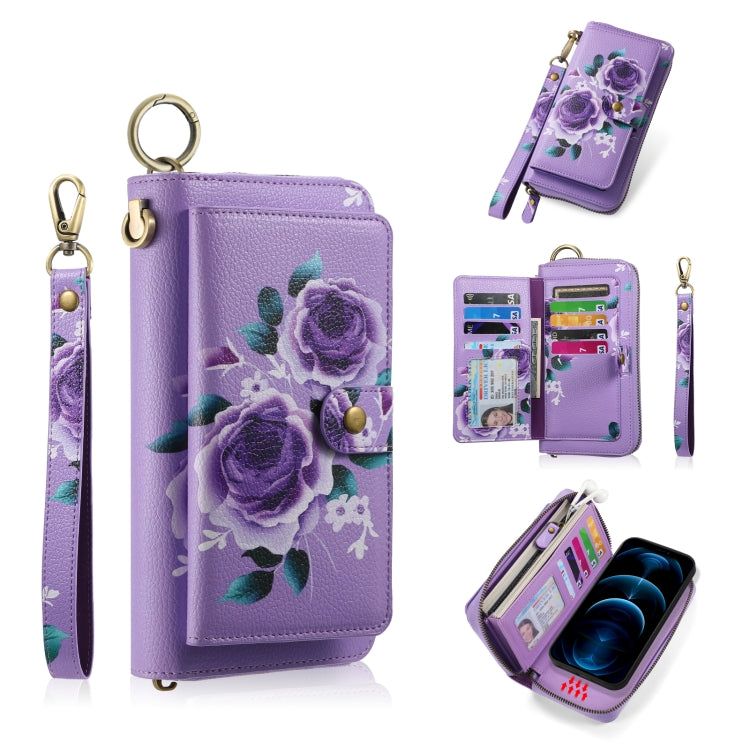 For iPhone 12 Pro Max POLA MagSafe Flower Multi-functional Zipper Wallet Leather Phone Case(Purple) by bashfashion