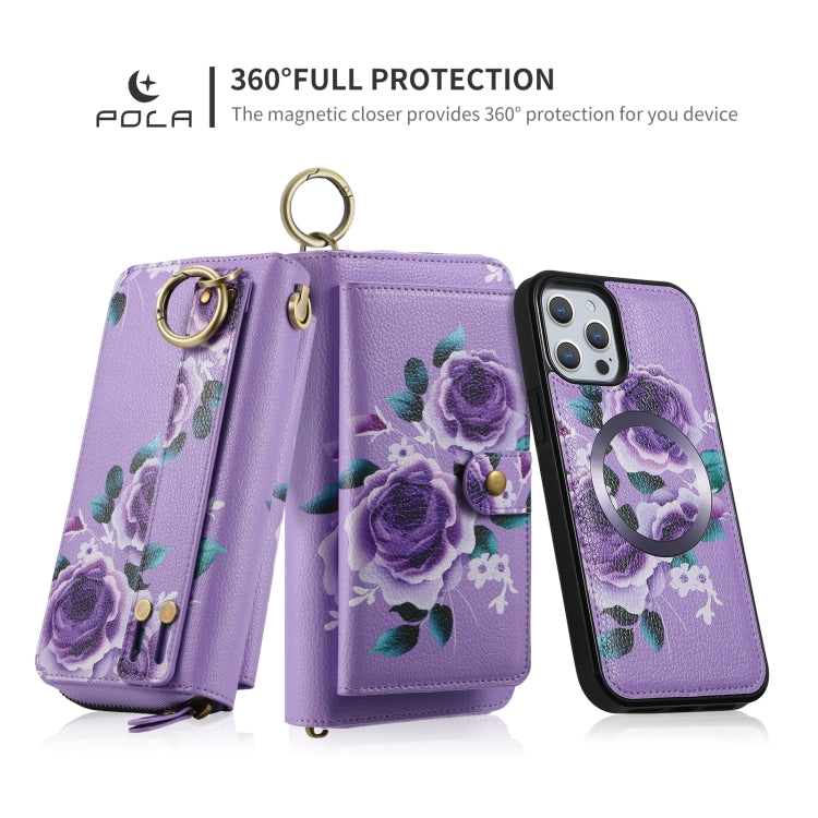 For iPhone 12 Pro Max POLA MagSafe Flower Multi-functional Zipper Wallet Leather Phone Case(Purple) by bashfashion