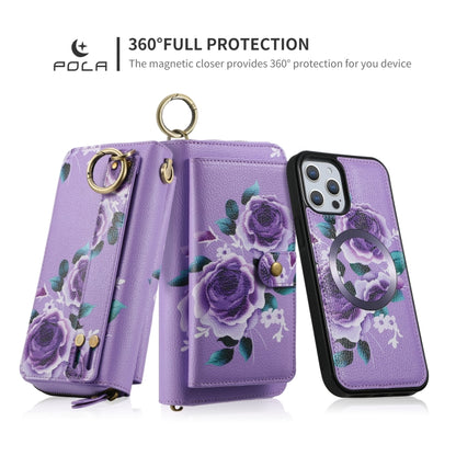 For iPhone 12 Pro Max POLA MagSafe Flower Multi-functional Zipper Wallet Leather Phone Case(Purple) by bashfashion