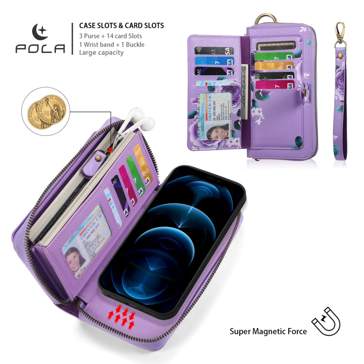 For iPhone 12 Pro Max POLA MagSafe Flower Multi-functional Zipper Wallet Leather Phone Case(Purple) by bashfashion
