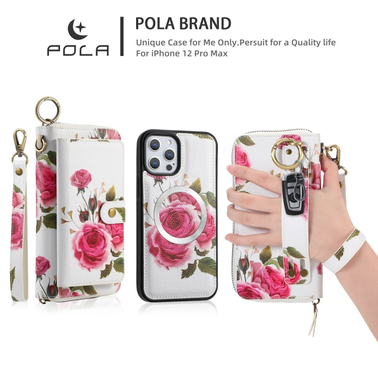 For iPhone 12 Pro Max POLA MagSafe Flower Multi-functional Zipper Wallet Leather Phone Case(Beige) by bashfashion