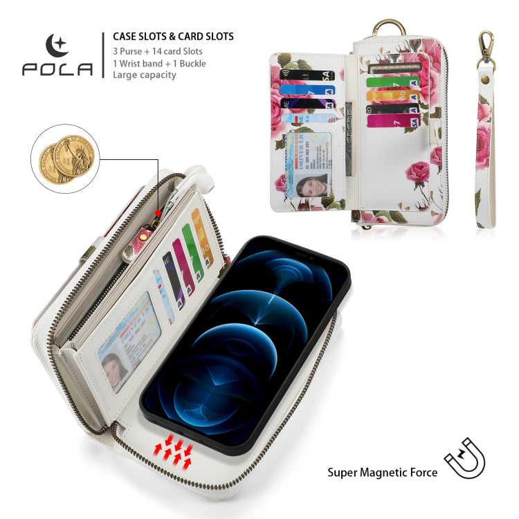 For iPhone 12 Pro Max POLA MagSafe Flower Multi-functional Zipper Wallet Leather Phone Case(Beige) by bashfashion