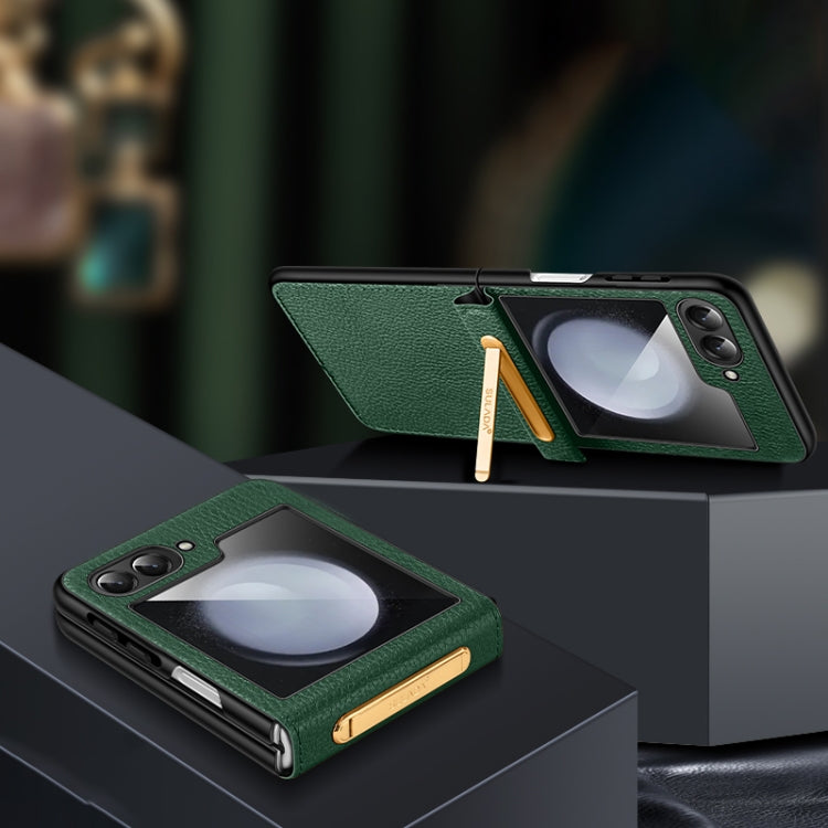 For Samsung Galaxy Z Flip5 SULADA Lychee Texture Invisible Holder Leather Back Cover Phone Case(Green) by SULADA