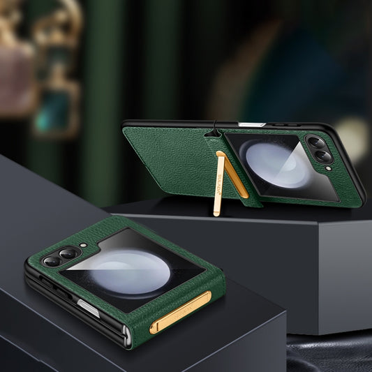 For Samsung Galaxy Z Flip5 SULADA Lychee Texture Invisible Holder Leather Back Cover Phone Case(Green) by SULADA