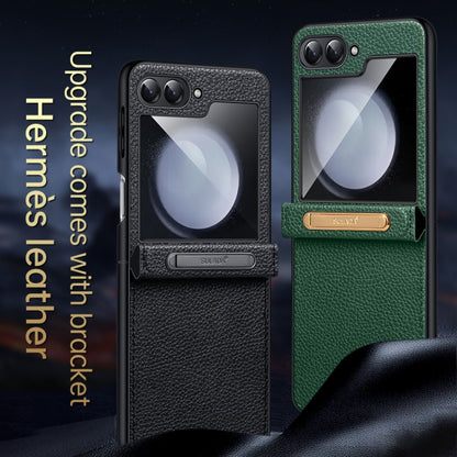 For Samsung Galaxy Z Flip5 SULADA Lychee Texture Invisible Holder Leather Back Cover Phone Case(Green) by SULADA