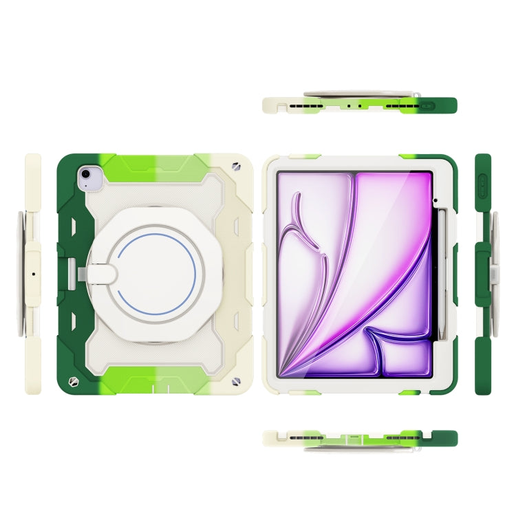 For iPad Air 13 2024 / 2025 Armor Portable Rotating Ring Holder Silicone Tablet Case with Pen Slot(Colorful Green) by bashfashion