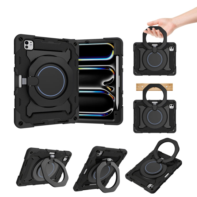 For iPad Pro 11 2025 / 2024 Armor Portable Rotating Ring Holder Silicone Tablet Case with Pen Slot(Black) by bashfashion
