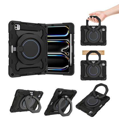 For iPad Pro 11 2025 / 2024 Armor Portable Rotating Ring Holder Silicone Tablet Case with Pen Slot(Black) by bashfashion