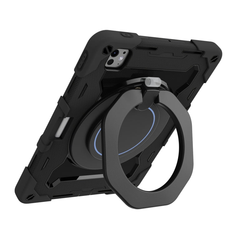 For iPad Pro 11 2025 / 2024 Armor Portable Rotating Ring Holder Silicone Tablet Case with Pen Slot(Black) by bashfashion