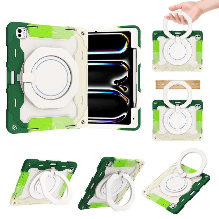 For iPad Pro 13 2025 / 2024 Armor Portable Rotating Ring Holder Silicone Tablet Case with Pen Slot(Colorful Green) by bashfashion