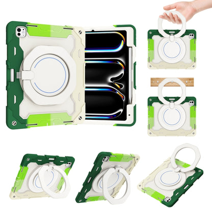 For iPad Pro 13 2025 / 2024 Armor Portable Rotating Ring Holder Silicone Tablet Case with Pen Slot(Colorful Green) by bashfashion