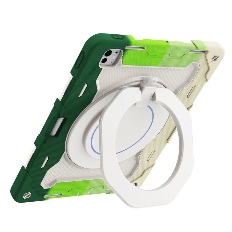 For iPad Pro 13 2025 / 2024 Armor Portable Rotating Ring Holder Silicone Tablet Case with Pen Slot(Colorful Green) by bashfashion