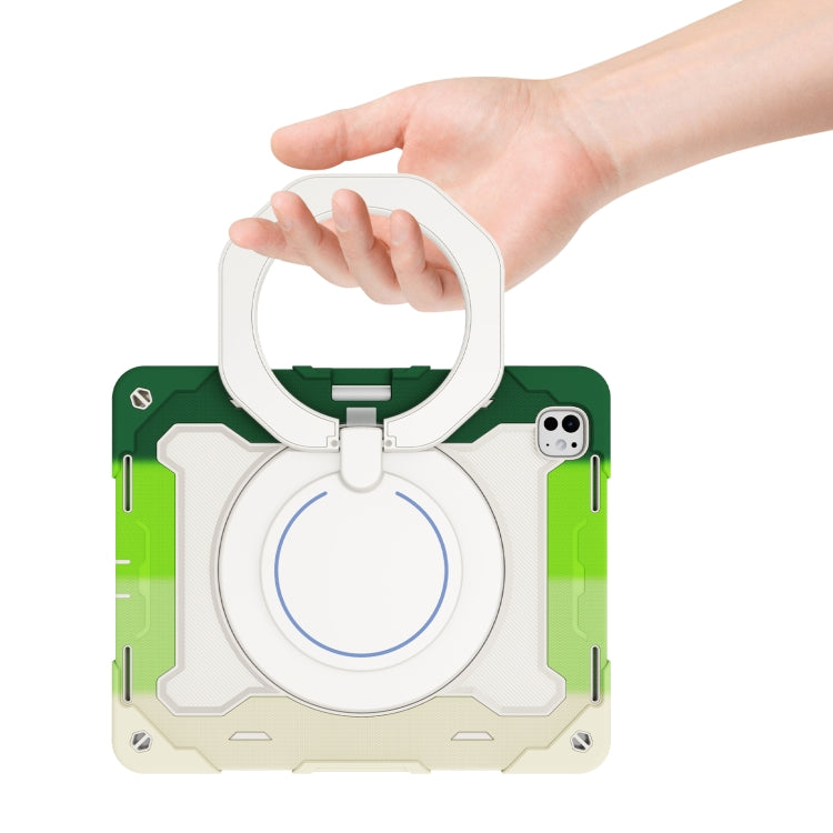 For iPad Pro 13 2025 / 2024 Armor Portable Rotating Ring Holder Silicone Tablet Case with Pen Slot(Colorful Green) by bashfashion