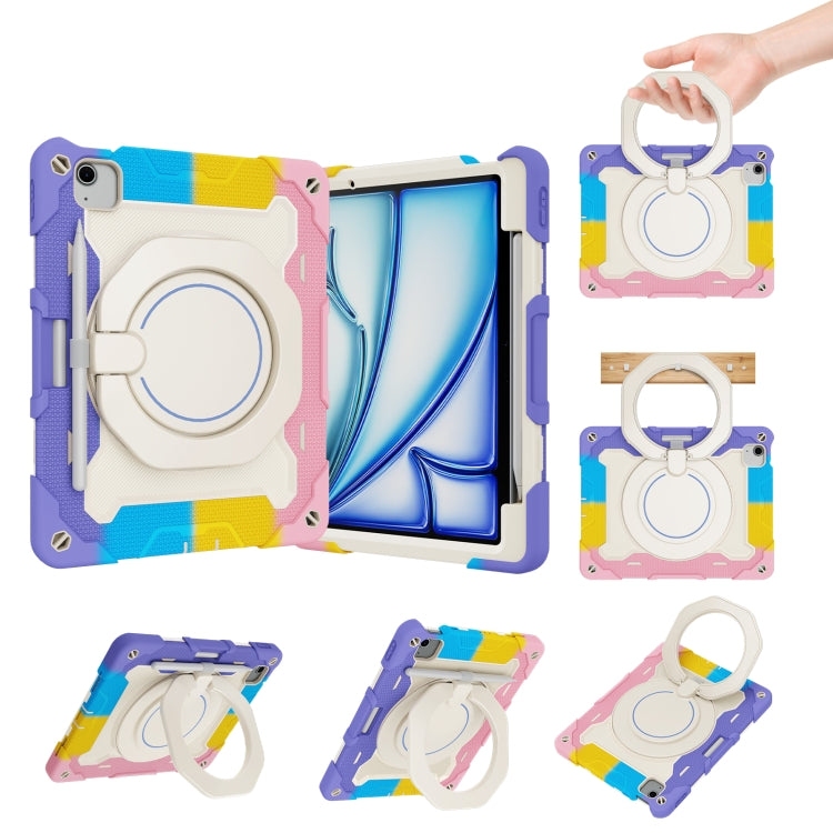 For iPad Air 11 2024 / 2025 Armor Portable Rotating Ring Holder Silicone Tablet Case with Pen Slot(Colorful Pink) by bashfashion
