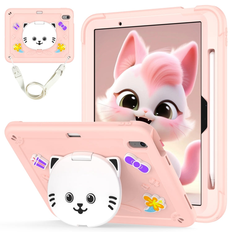 For iPad Air 11 2025 / 2024 Cat Holder Silicone Hybrid PC Tablet Case with Strap(Rose Pink) by bashfashion